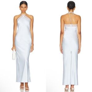NEW NWT Majorelle Libbie Halter Lace Trim Maxi Gown In Light Blue